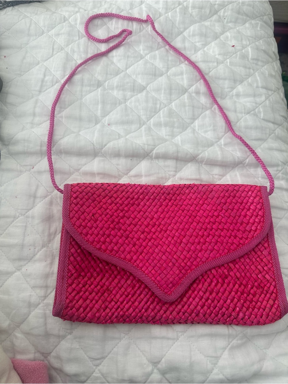 Vintage Hot Pink Woven Envelope Clutch with Strap